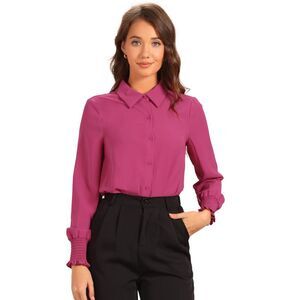 Long Sleeves Leotard Shirt Collared Business Dressy Bodysuit Top Fuschia